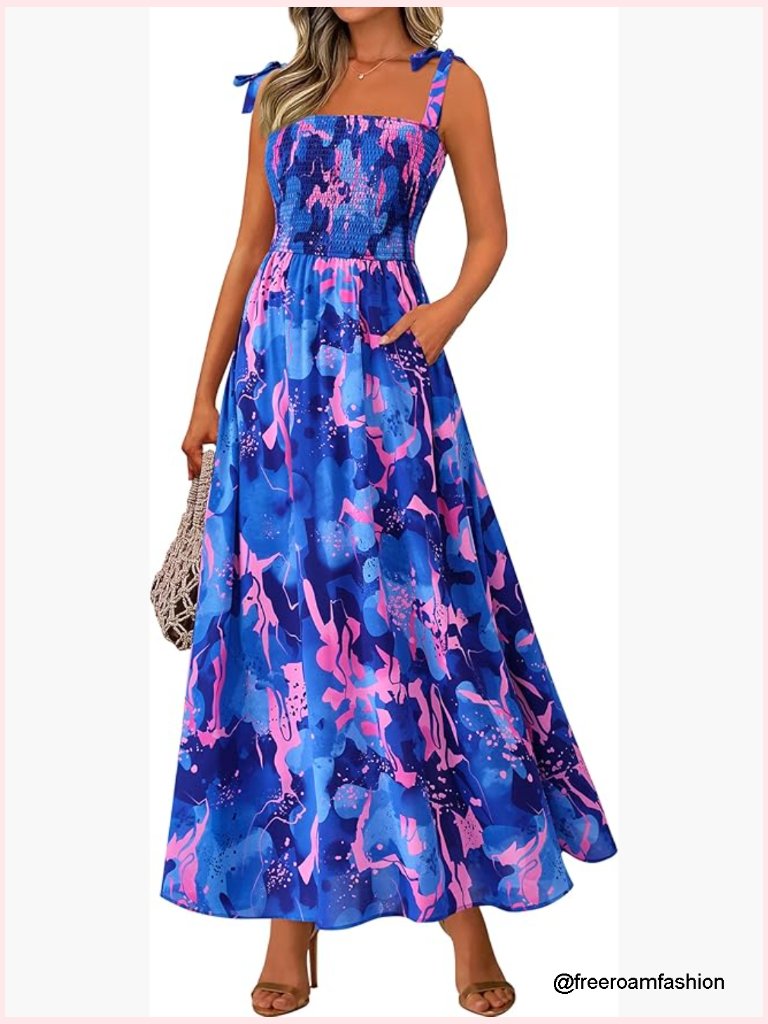 Smocked Floral Maxi Dress Sleeveless Spaghetti Strap A-Line Boho Beach Sundress